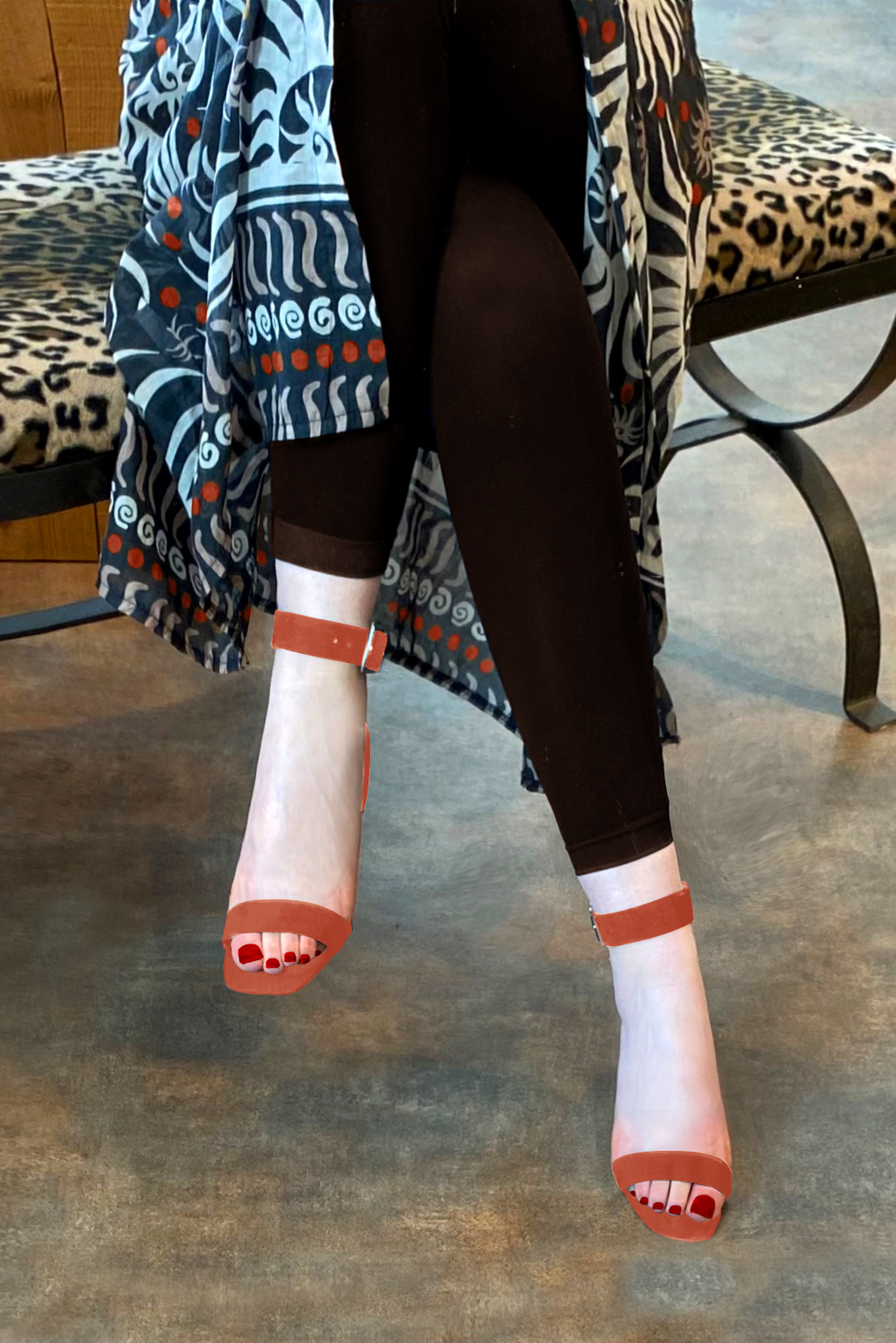 Terracotta orange women's closed back sandals, with a strap around the ankle. Square toe. Medium comma heels. Worn view - Florence KOOIJMAN